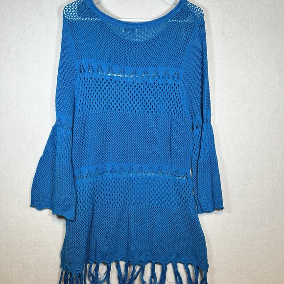 Joseph A Womens Blue Crochet Knit Tunic Top Bell Sleeve Tassel Fringe XL - Picture 4 of 6